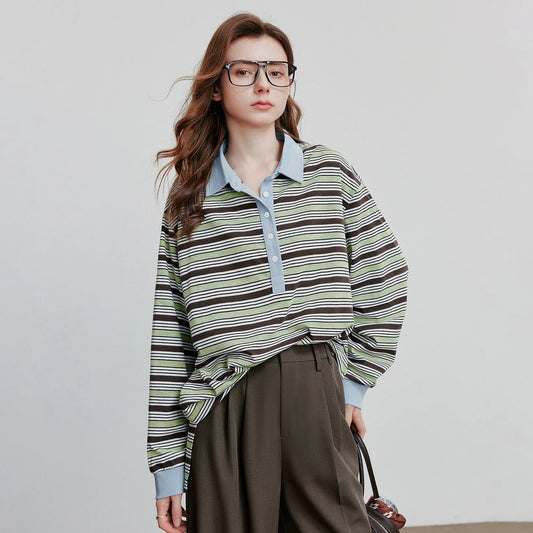 Striped Turn Down Collar Contrasting Casual Pullover Tops