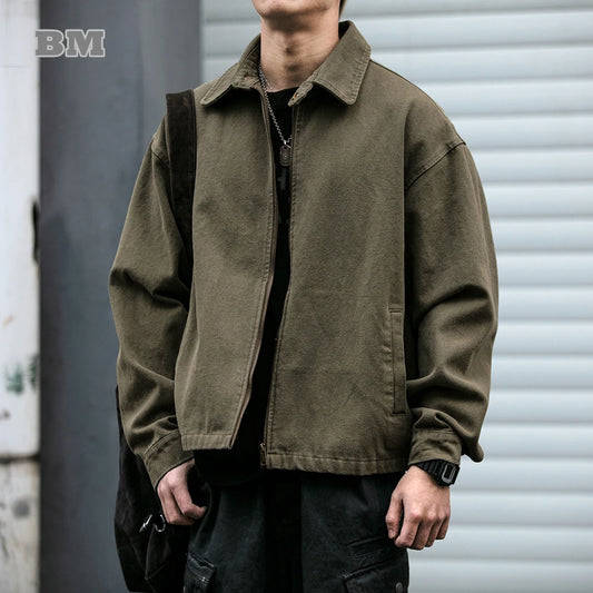 Distressed washed cotton zip jacket by Craftklart Dropship featuring a casual fit and rugged style.