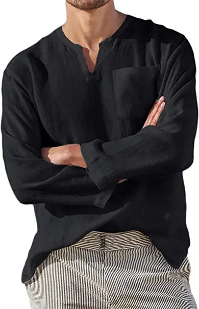 Men's Cotton Linen V-Neck Loose Pullover Tops - Premium Longsleeve Top from Craftklart Dropship - Just $13.89! Shop now at Craftklart.store