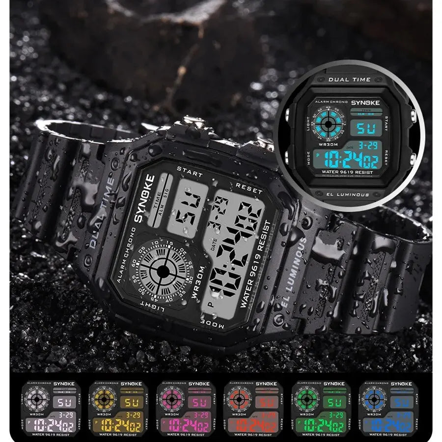 Digital sport watch with rubber strap by Craftklart, showing a sleek black design and digital display on a white background.
