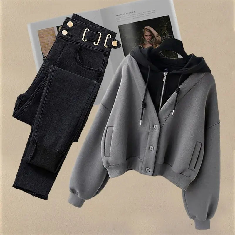 Two Piece Hooded Loose Sweater Slimming Jeans Set - Premium Set from Craftklart Dropship - Just $21.25! Shop now at Craftklart.store