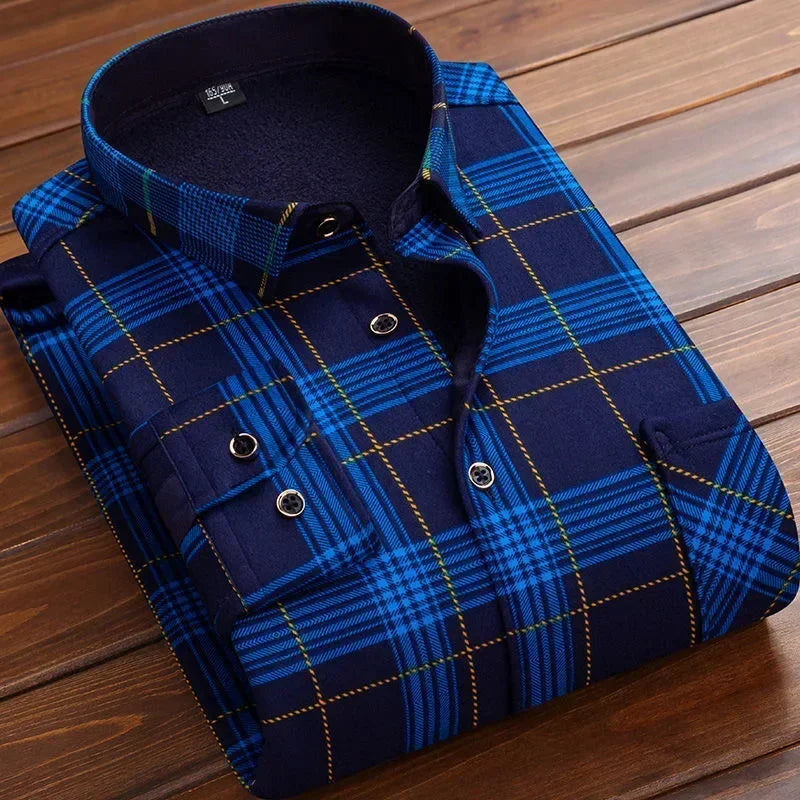 2024 Men's Plaid Flannel Fur Lined Thick Formal Shirts - Premium shirt from Craftklart Dropship - Just $5.39! Shop now at Craftklart.store