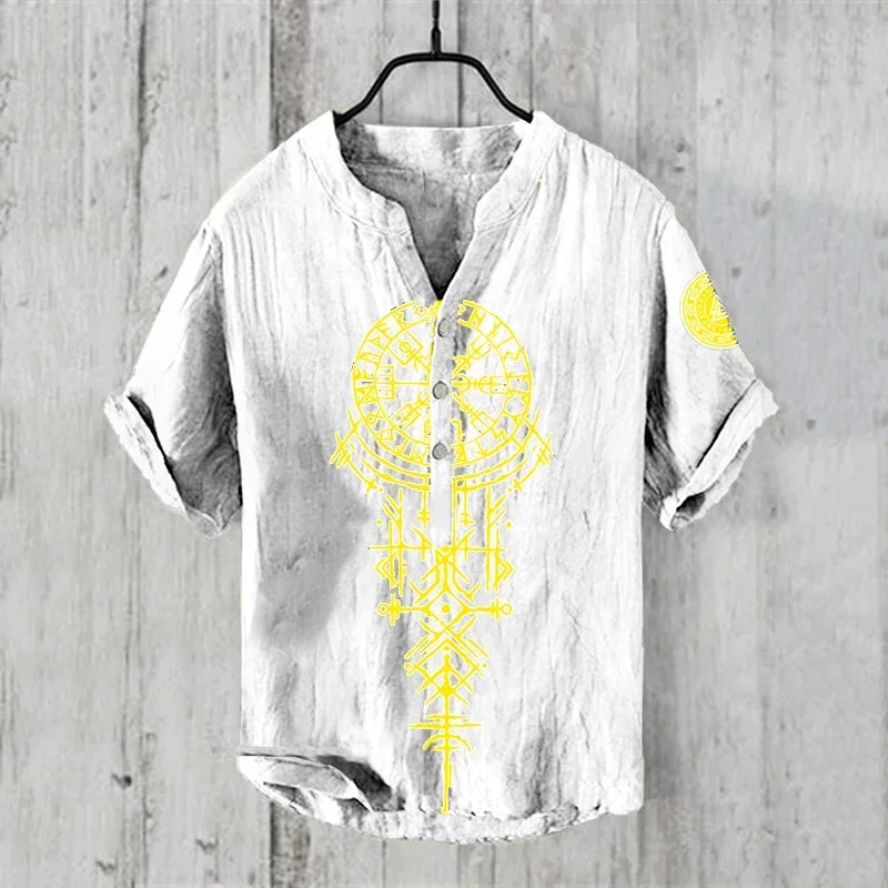 Men's casual linen short sleeve shirt with Hawaiian pattern and V-neck, made by Craftklart Dropship.