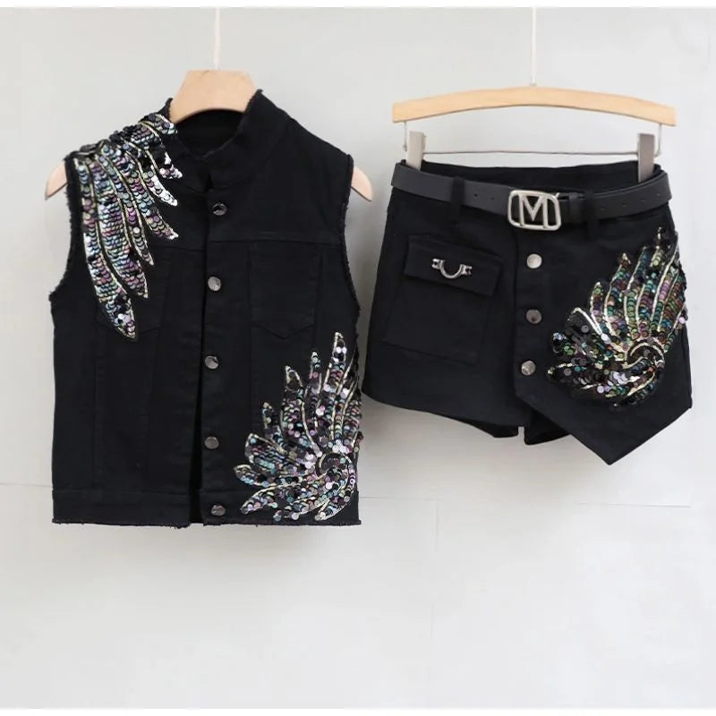 New Korean Sequin Phoenix Vest Short Skirt Pants Two-piece Set - Premium Set from Craftklart Dropship - Just $48! Shop now at Craftklart.store