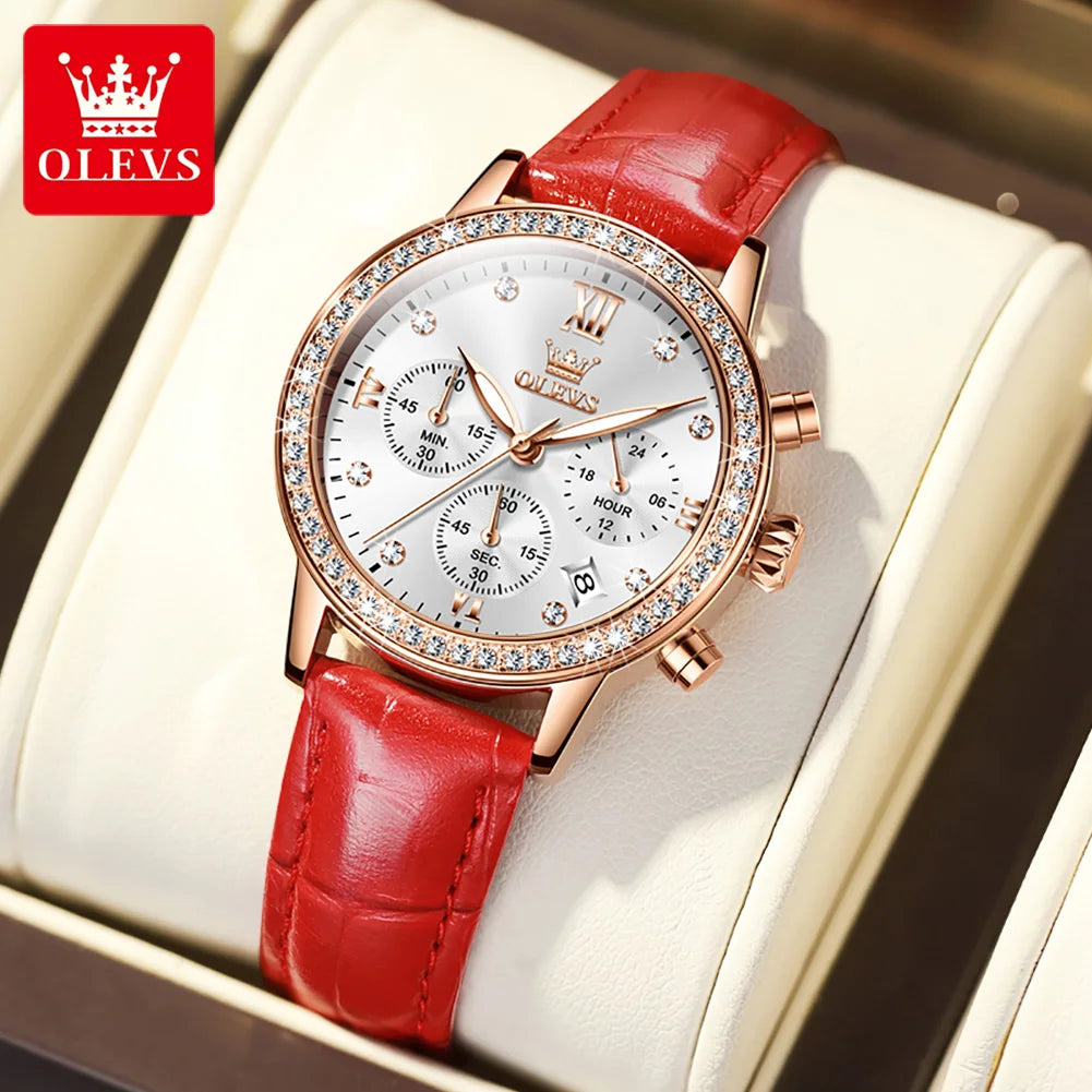 Women's Diamond Quartz Waterproof Luminous  Leather Strap Wristwatch
