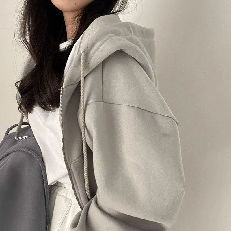 Women Urban Casual Fleece Lined Loose  Zipper Hoodie