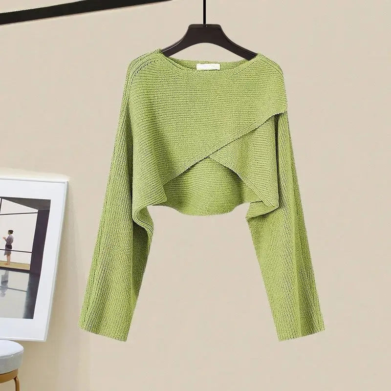 Autumn Short Knitted Sweater Suspended Skirt Two Piece Female Clothing Set