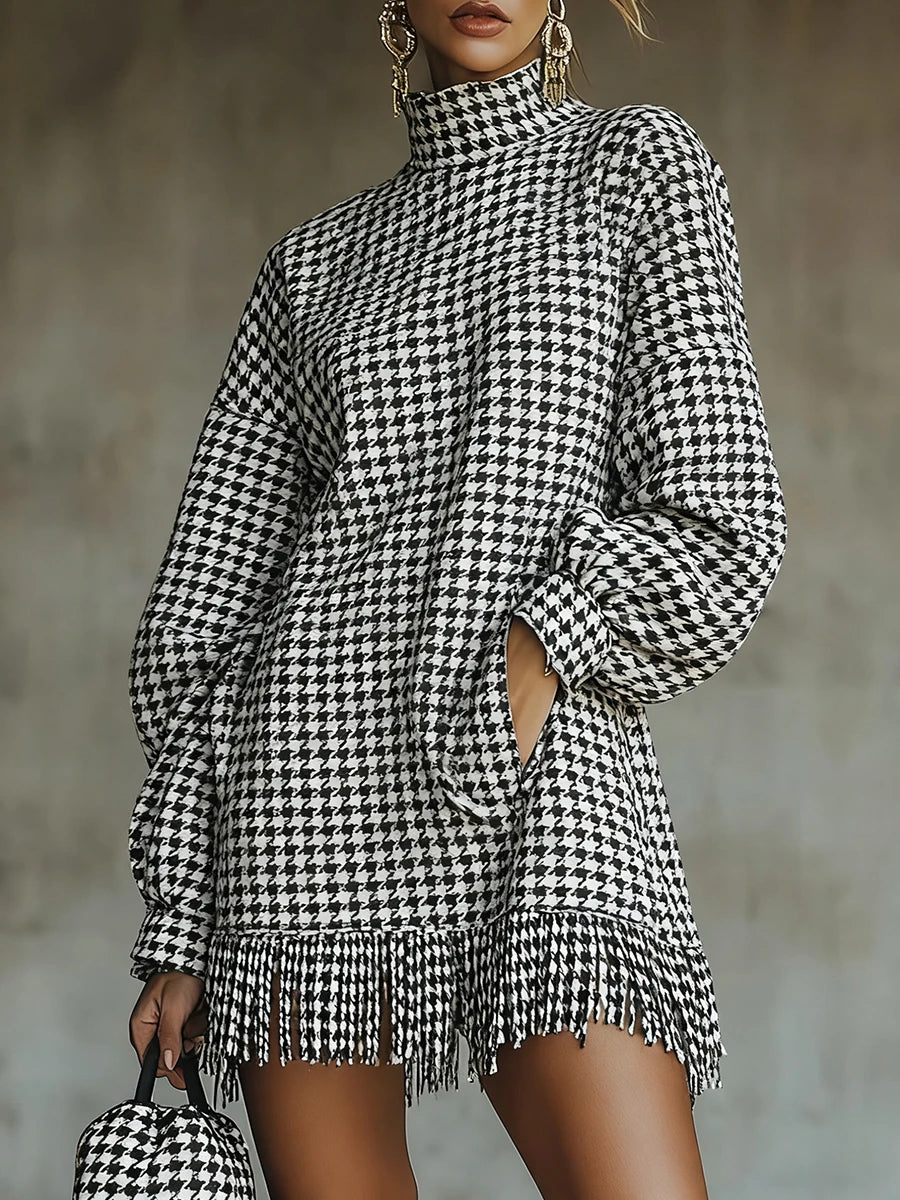 Houndstooth turtleneck mini dress by Urban Fashion & Streetwear, featuring a fitted silhouette and classic black and white pattern.