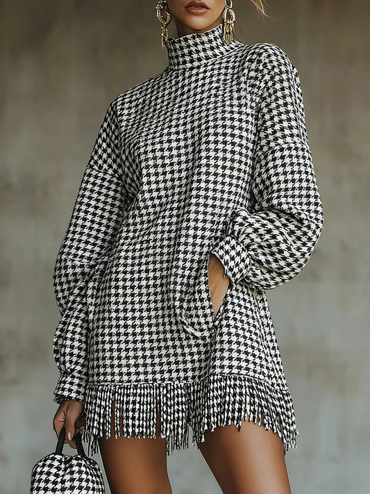 Houndstooth turtleneck mini dress by Urban Fashion & Streetwear, featuring a fitted silhouette and classic black and white pattern.