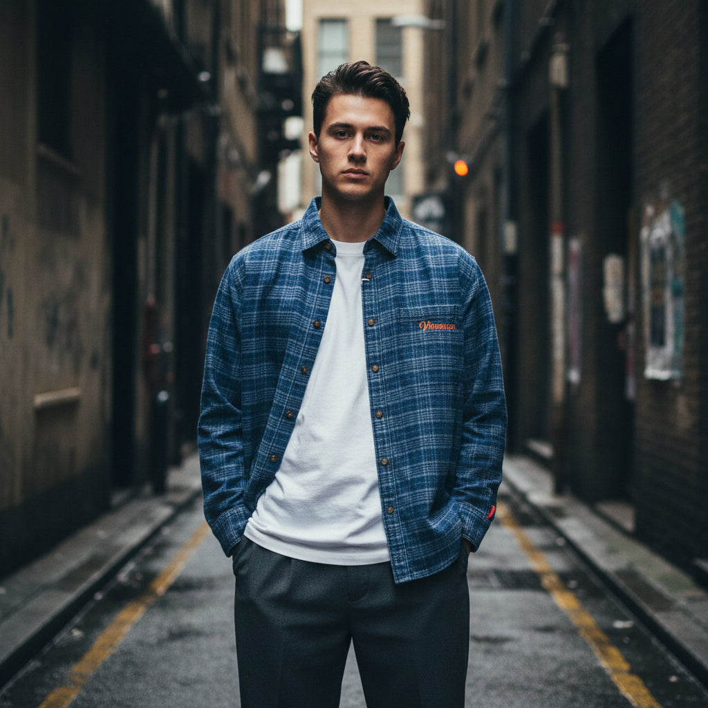 Craftklart washed plaid overshirt with a relaxed fit, featuring a soft fabric and classic plaid pattern, shown on a hanger.