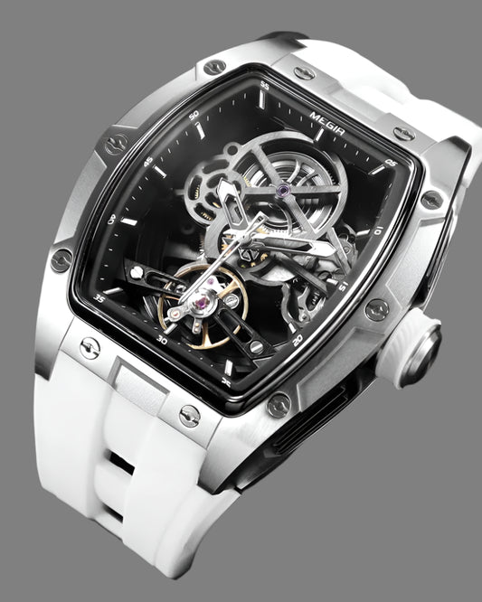 Men's automatic mechanical watch with stainless steel case, featuring a sleek design and visible movement details.