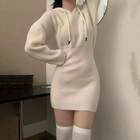 Woman White Knit Korean Elastic High Waist Mini Dresses