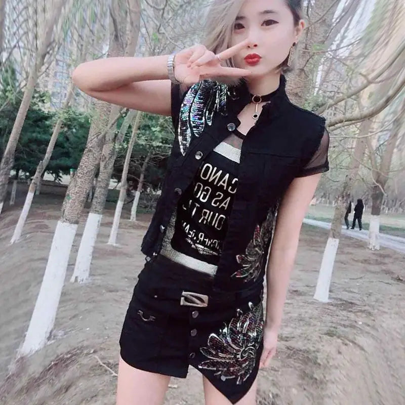 New Korean Sequin Phoenix Vest Short Skirt Pants Two-piece Set - Premium Set from Craftklart Dropship - Just $48! Shop now at Craftklart.store