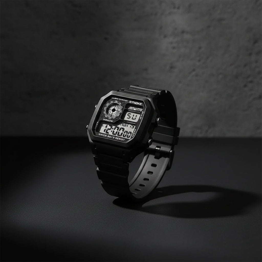 Digital sport watch with rubber strap by Craftklart, featuring a sleek black watch face and sporty design.