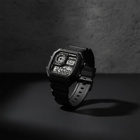 Digital sport watch with rubber strap by Craftklart, featuring a sleek black watch face and sporty design.