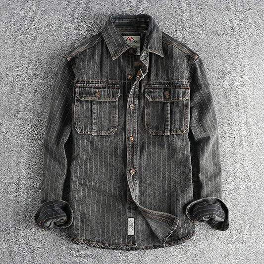Heavy Urban Men's British Black Grey Striped Denim Shirt