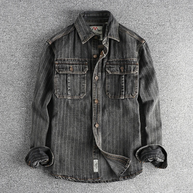 Heavy Urban Men's British Black Grey Striped Denim Shirt