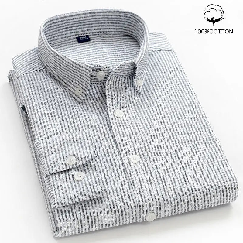 New 100% Cotton Oxford Shirt Men's Long Sleeve Striped Plaid Casual Shirts Korean Clothes High Quality Business Dress Shirt Grey - Premium  from Craftklart.store - Just $14.56! Shop now at Craftklart.store