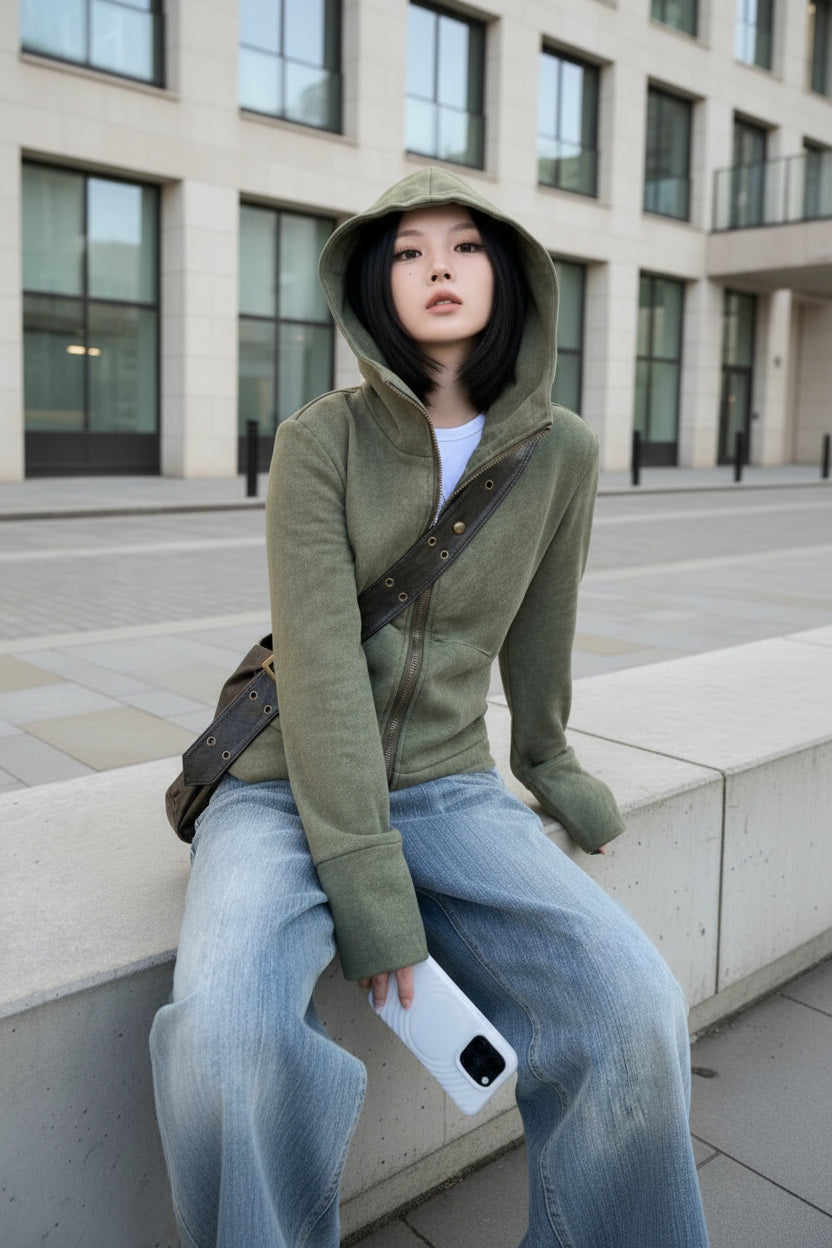 Sage green oversized zip-up hoodie by Craftklart featuring a front zipper, relaxed fit, and soft fabric for casual comfort.