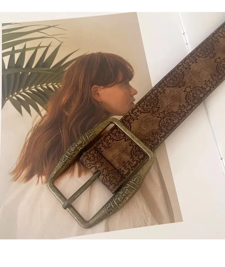 Pattern Print Buckle Pin Waist Belt Female Pu Leather
