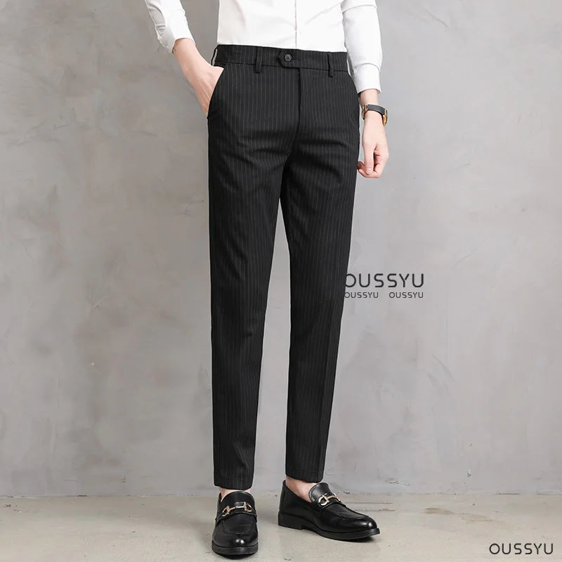 England Stripe Pattern Formal Dress Slim Fit Pants Men Summer Thin Light Gray Black Breathable Korea Skinny Casual Trousers Male - Craftklart.store