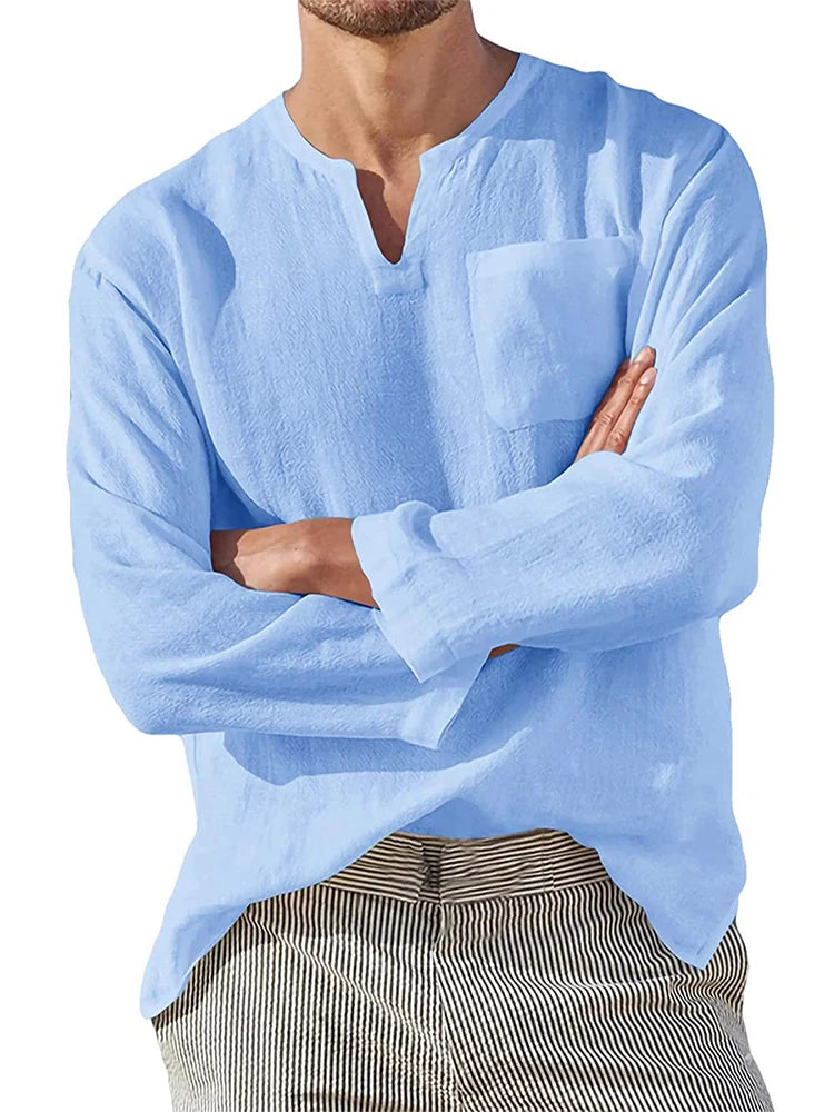 Men's Cotton Linen V-Neck Loose Pullover Tops - Premium Longsleeve Top from Craftklart Dropship - Just $13.89! Shop now at Craftklart.store