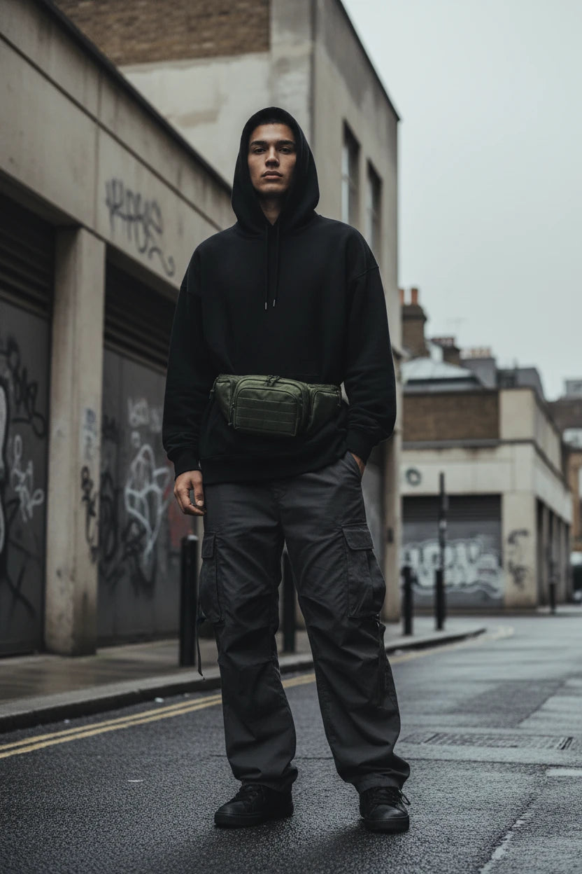 Nylon minimal utility waist bag with adjustable strap, streetwear accessory, in black with sleek design for urban fashion.