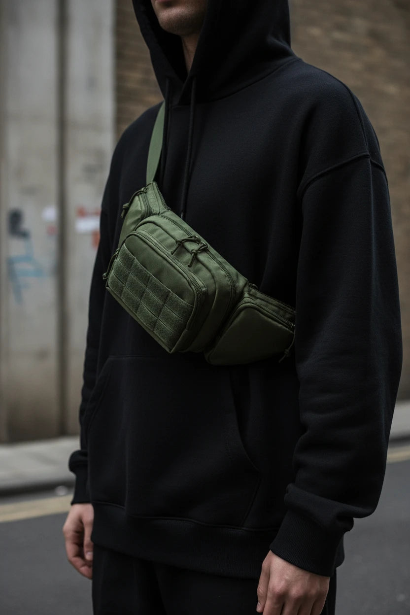 Urban Fashion & Streetwear nylon waist bag with minimal utility design, adjustable strap, and sleek streetwear style.