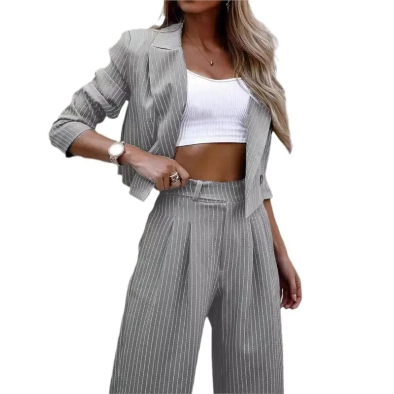 Elegant Long Sleeve Notch Collar Striped Work Jacket And Straight Leg Trouser Set - Premium Set from Craftklart Dropship - Just $18.34! Shop now at Craftklart.store