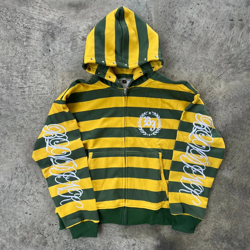 Y2K Retro Yellow Green Striped Print Zip Up Hoodie Men and Women Fashionable Embroidered Sweatshirt Casual Hip Hop Loose Hoodie - Craftklart.store