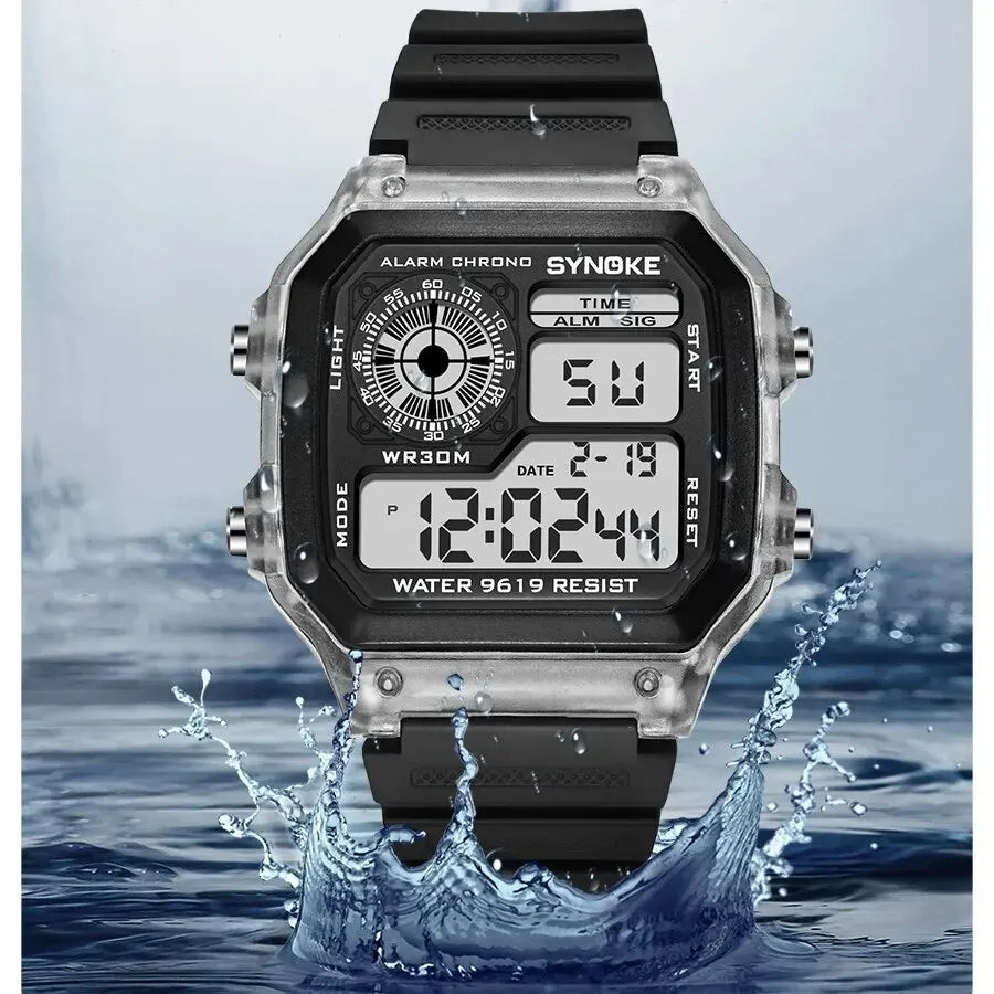 Digital sport watch with a rubber strap by Craftklart, featuring a sleek black display and sporty design.