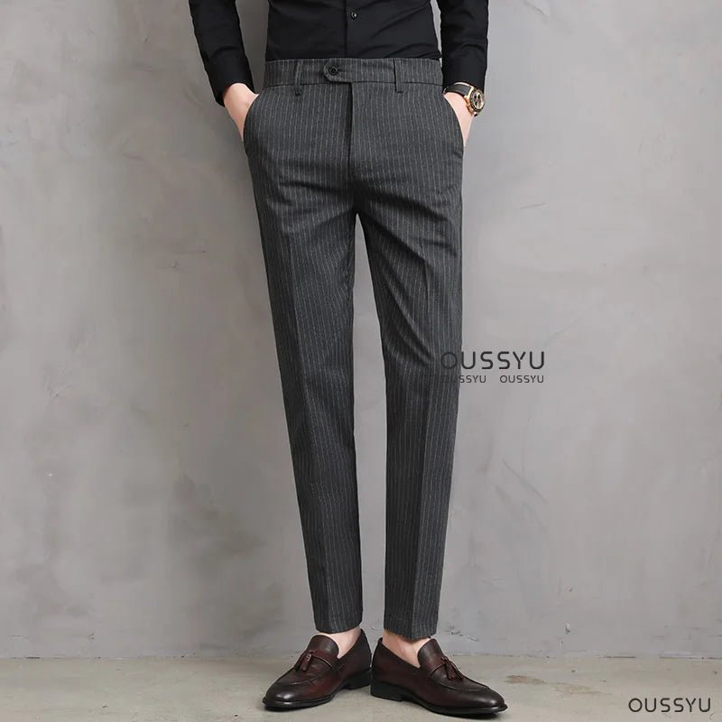 England Stripe Pattern Formal Dress Slim Fit Pants Men Summer Thin Light Gray Black Breathable Korea Skinny Casual Trousers Male - Craftklart.store