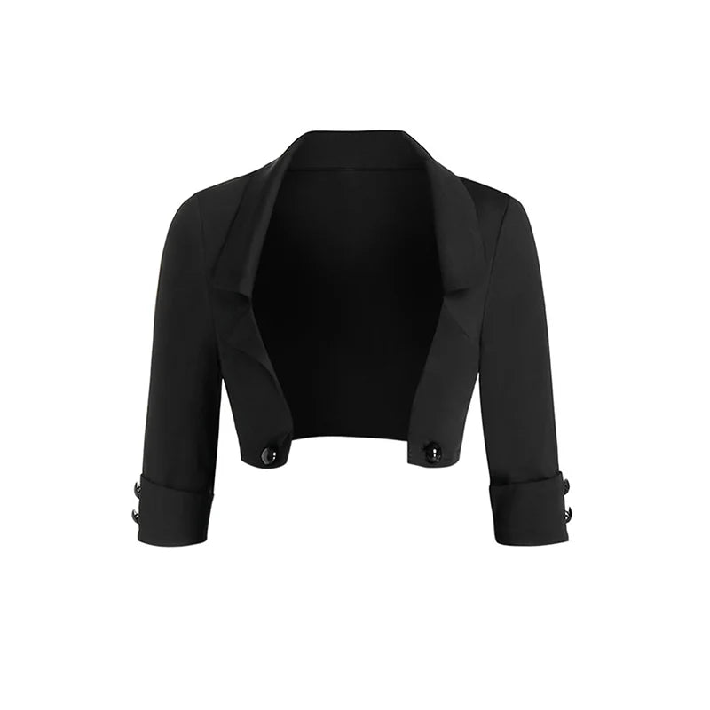 Solid Color Open Front Crop Jacket and Lace Up Buckle Strap Crisscross Dress