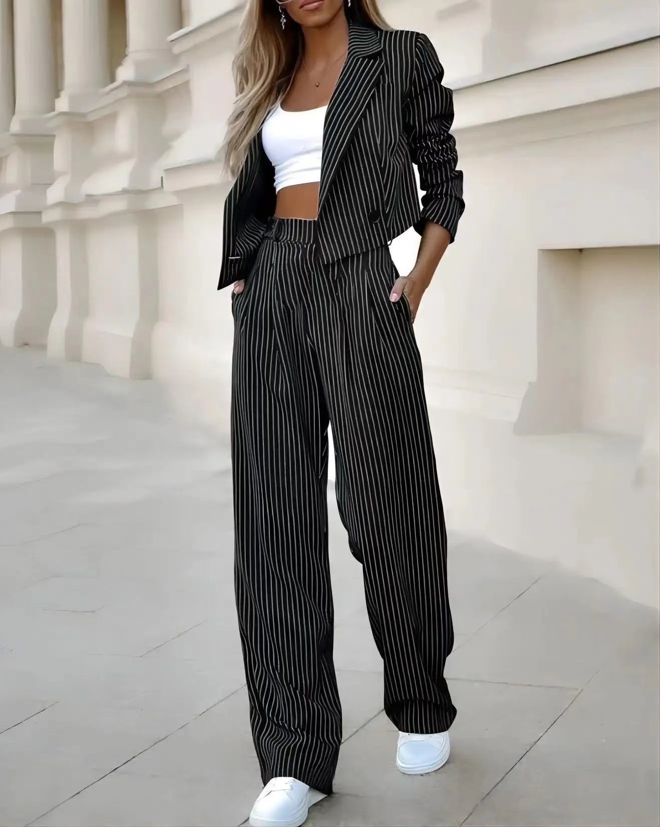 Elegant Long Sleeve Notch Collar Striped Work Jacket And Straight Leg Trouser Set - Premium Set from Craftklart Dropship - Just $18.34! Shop now at Craftklart.store