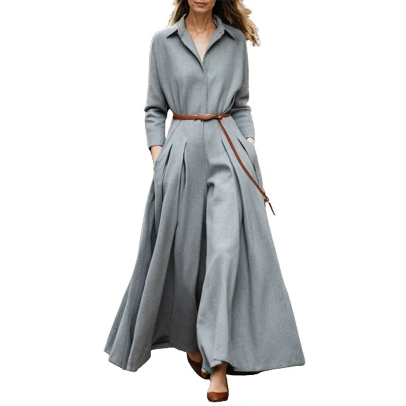 Lemongor British Style Long Sleeves Pleated Lapel Wide Leg Jumpsuits Women 2024 New Spring Autumn Casual Office Grey Jump Suits - Premium All in one from Craftklart Dropship - Just $47.10! Shop now at Craftklart.store