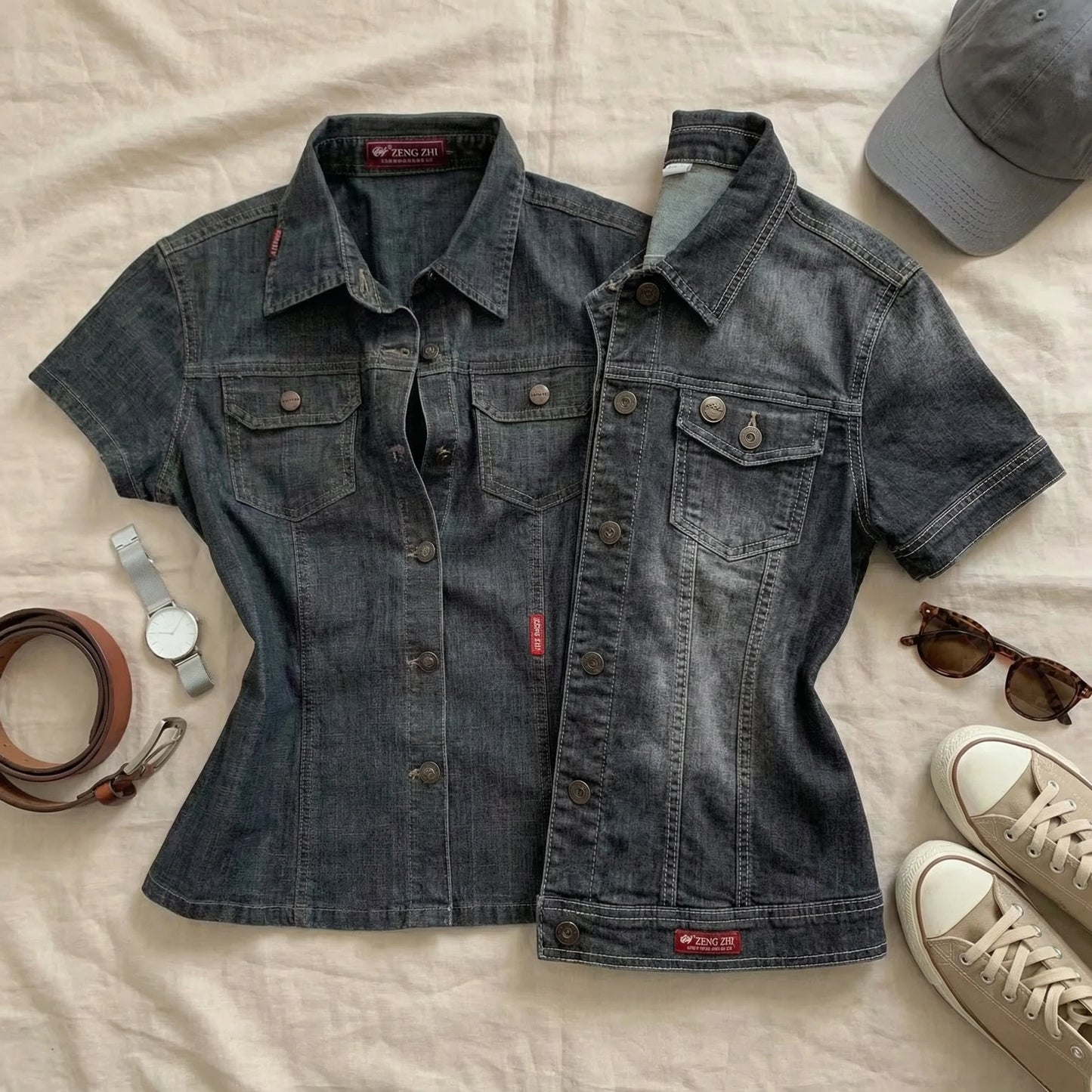 Denim Crop Shirt — Button-Up Short Sleeve