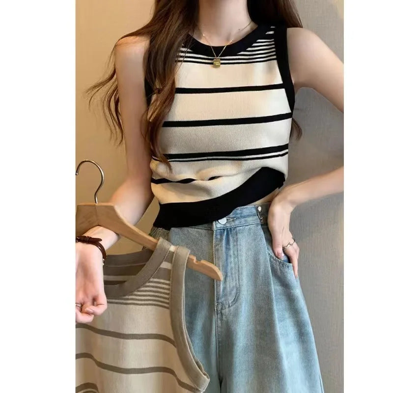 Women's Striped Knitting Sleeveless Contrasting Tops (Pink/Black and White) - Premium Shirts & Tops from Craftklart Dropship - Just $6.20! Shop now at Craftklart.store