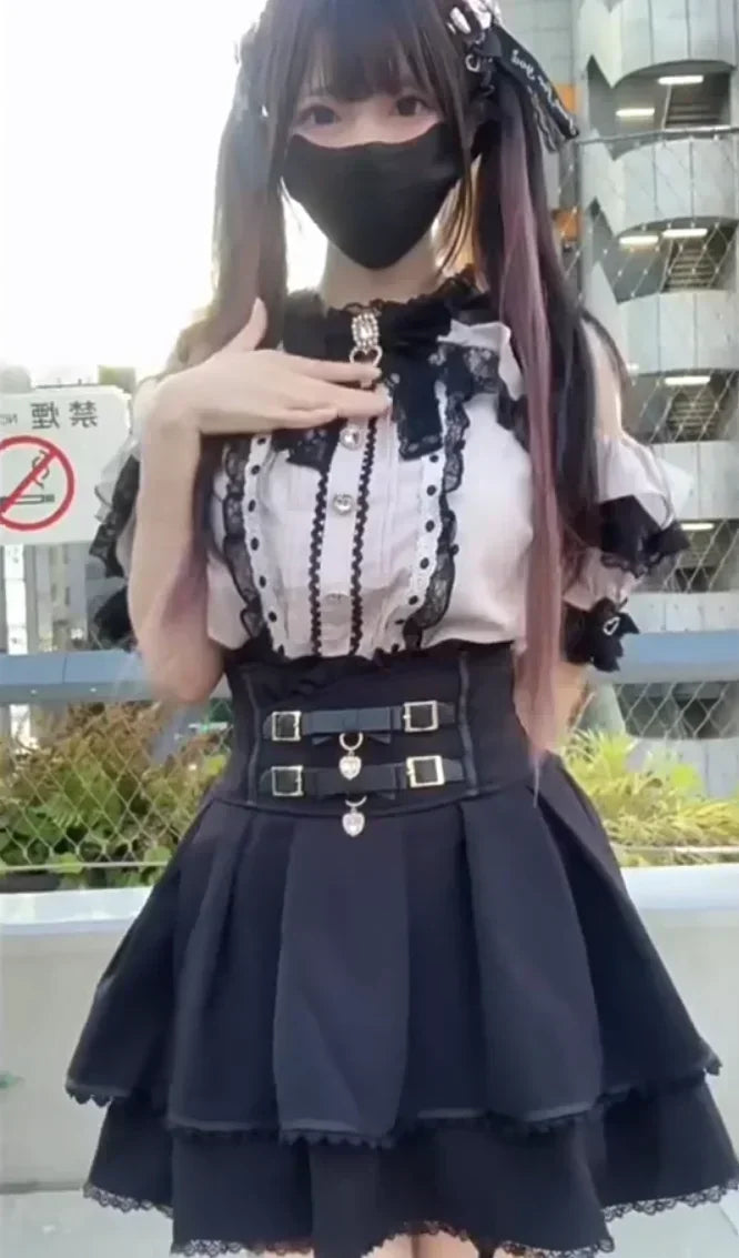 Japanese Kawaii Mini Cake Skirts Womens Jupe Fairy Bandage Lolita High Waist Y2k Aesthetic Sweet Lace Gothic JK Faldas Skirt - Craftklart.store