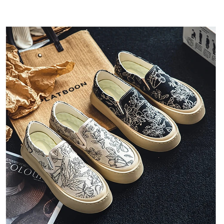 Men's Canvas Floral Thick Sole Loafers