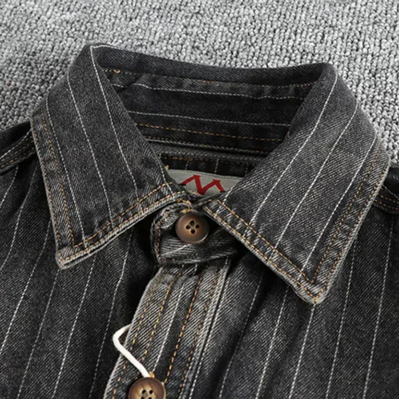 Heavy Urban Men's British Black Grey Striped Denim Shirt