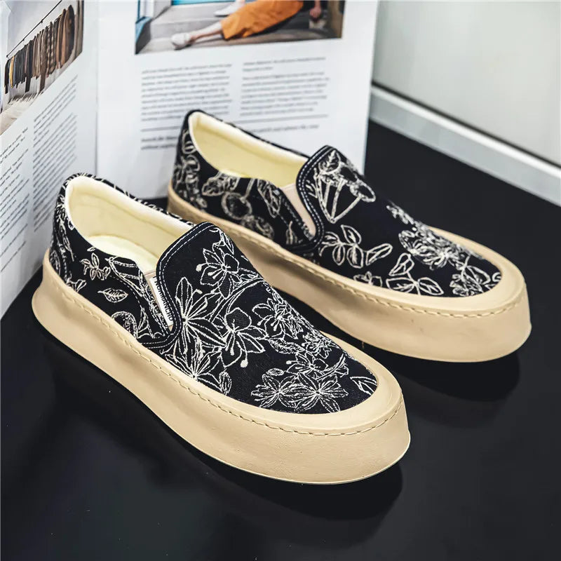 Men's Canvas Floral Thick Sole Loafers