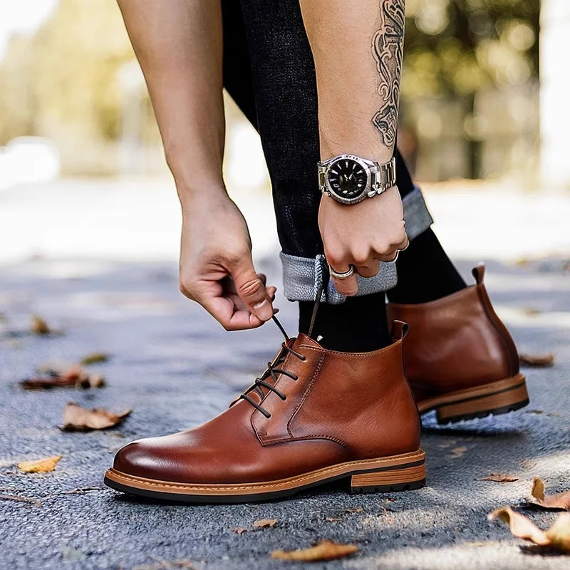 Autumn and winter men's boots, men's shoes, British style high top round toe short boots, genuine leather retro workwear boots