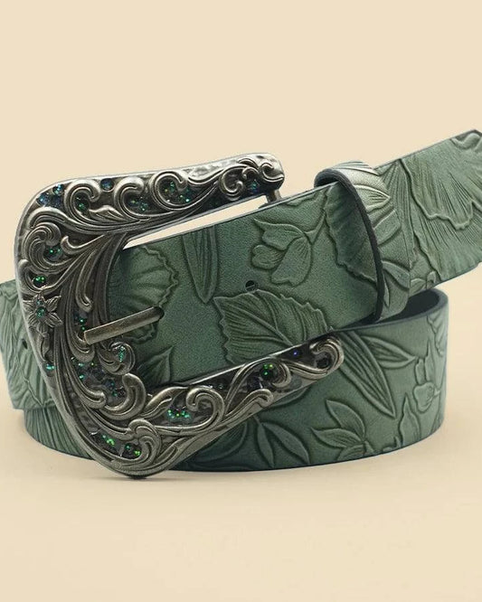 Vintage dark-colored carved women's belt with leaf print, stylish accessory featuring intricate design and craftsmanship.