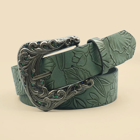 Vintage Dark Color Carved Women's Belt with Leaf Print