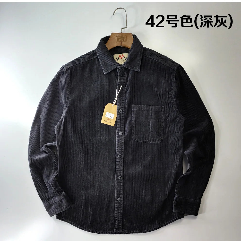 Corduroy Men's Fashion 100% Cotton Washed Single Pocket Shirt