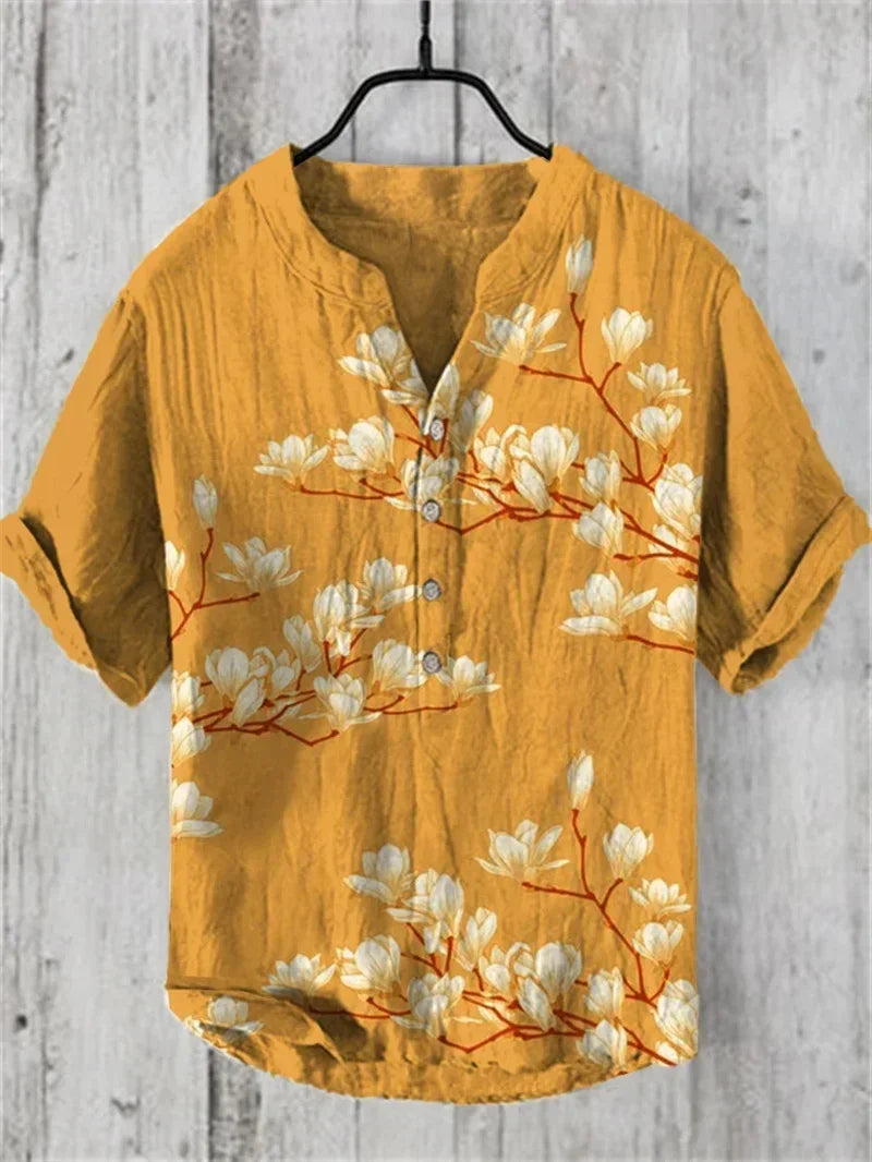 Men's linen short sleeve Hawaiian V-neck shirt by Craftklart Dropship, featuring a casual, lightweight, and breathable design.