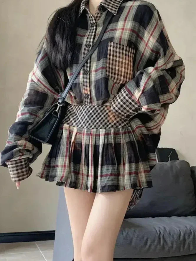 Women's Korean Branded Plaid Turn Down Collar Blouse & Pleated Skirt Set - Premium Set from Craftklart Dropship - Just $27.41! Shop now at Craftklart.store