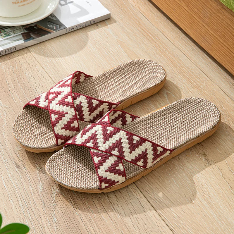 Women's linen indoor slippers by Slip On, anti-slip flat mule slides available in three colors, showing the comfortable slip-on design.