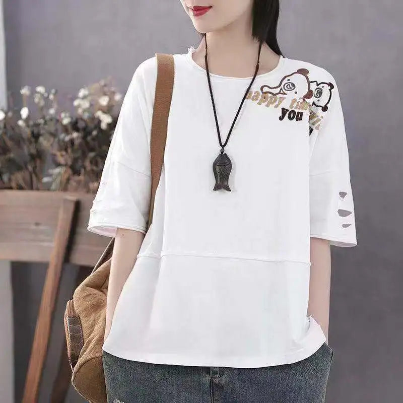 Women's 100% Cotton Large Size Korean Half Sleeved Loose T-shirt - Premium T-Shirt from Craftklart Dropship - Just $17.05! Shop now at Craftklart.store