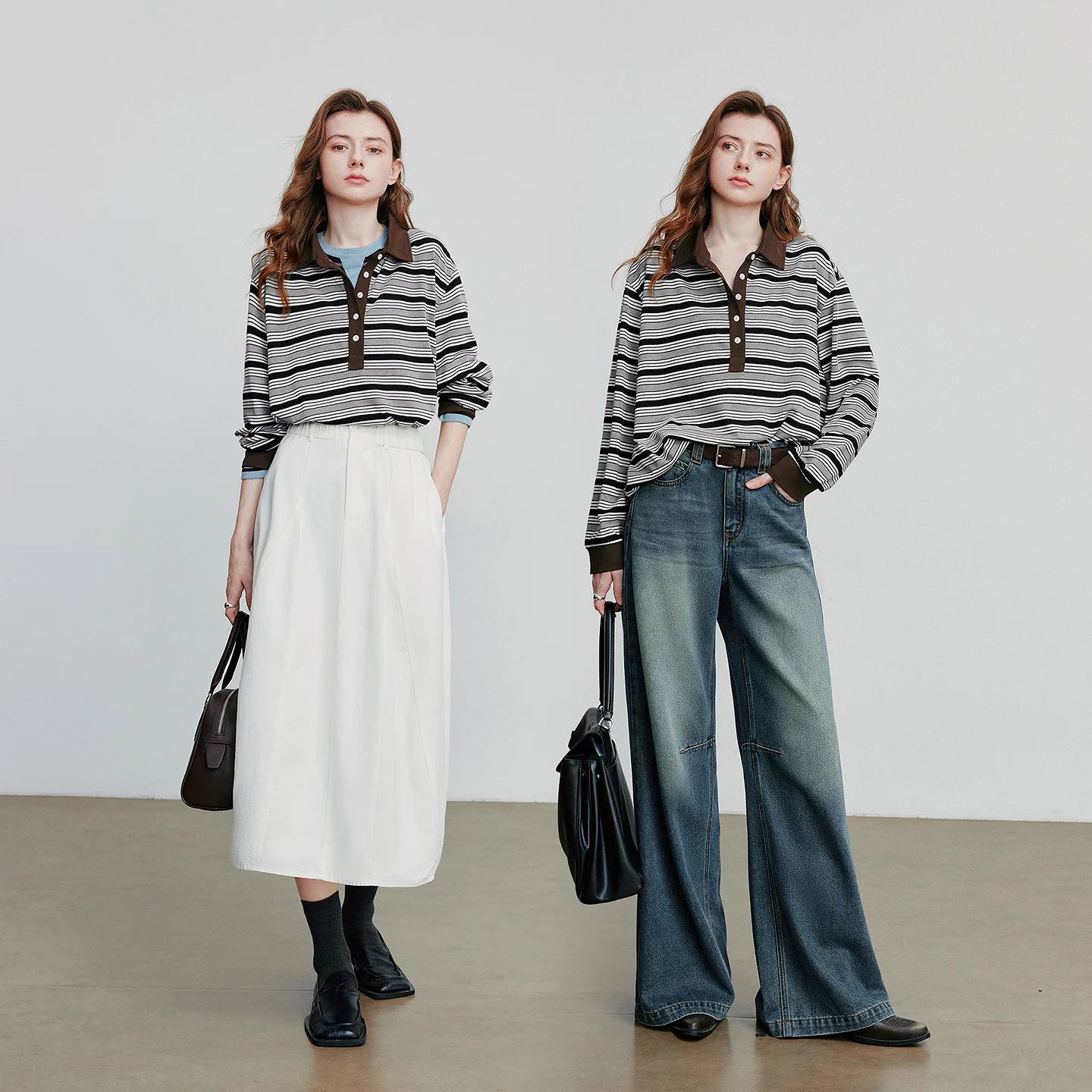 Striped Turn Down Collar Contrasting Casual Pullover Tops